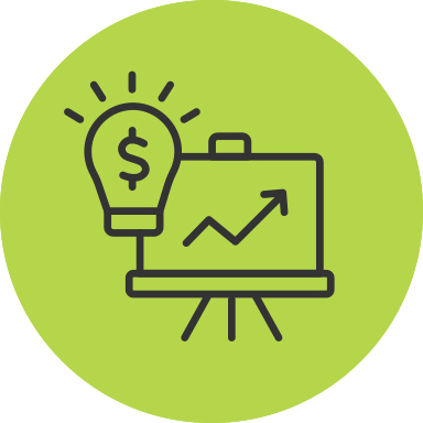 Icon of a lightbulb with a dollar sign and a chart with a line graph.